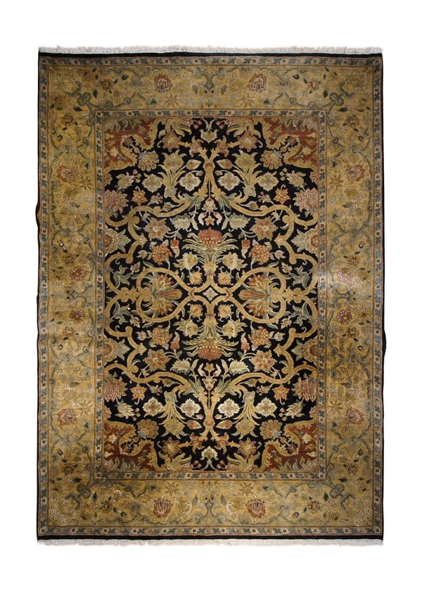 Oriental Rug Indian Handmade Area Transitional 6'1"x8'11" (6x9) Black Yellow/Gold Tea Washed Floral Design #A33040