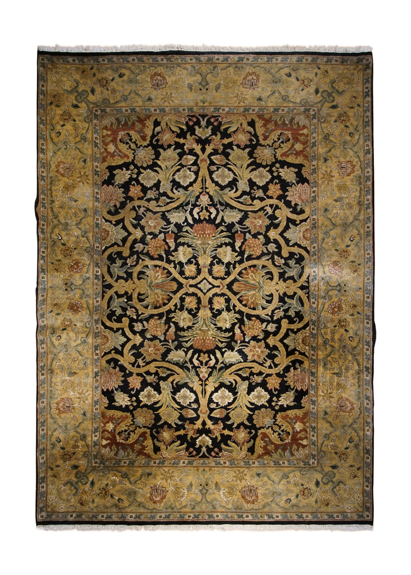 Oriental Rug Indian Handmade Area Transitional 6'1"x8'11" (6x9) Black Yellow/Gold Tea Washed Floral Design #A33040