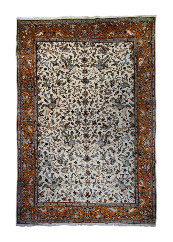 European Rug Handmade Area Traditional 5'11"x8'9" (6x9) Whites/Beige Orange Hunting Scene Design #A33101