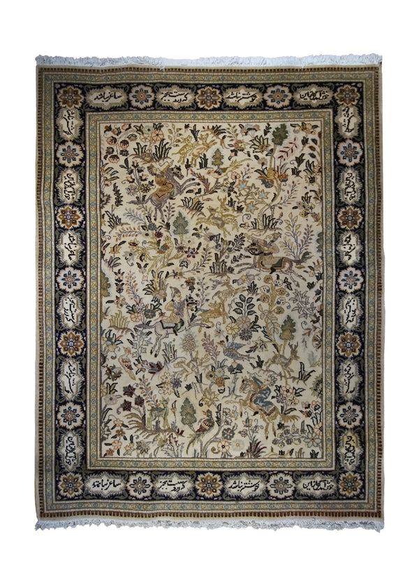 Persian Rug Tabriz Handmade Area Traditional 4'9"x6'3" (5x6) Whites/Beige Floral Hunting Scene Design #A33102