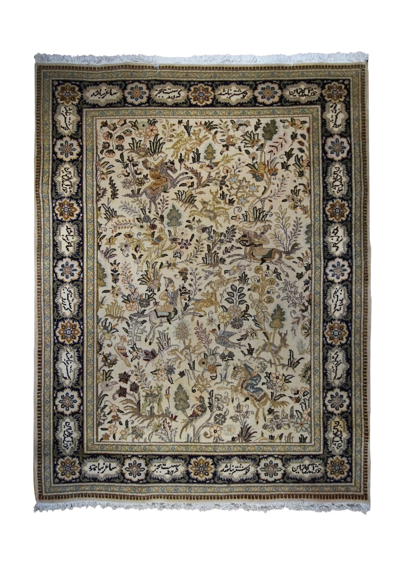 Persian Rug Tabriz Handmade Area Traditional 4'9"x6'3" (5x6) Whites/Beige Floral Hunting Scene Design #A33102