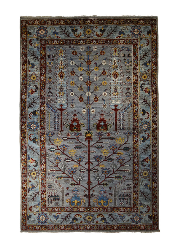 Oriental Rug Pakistani Handmade Area Transitional 5'2"x7'11" (5x8) Gray Blue Red Ariana Tree of Life Bakhshayesh Design #A33207