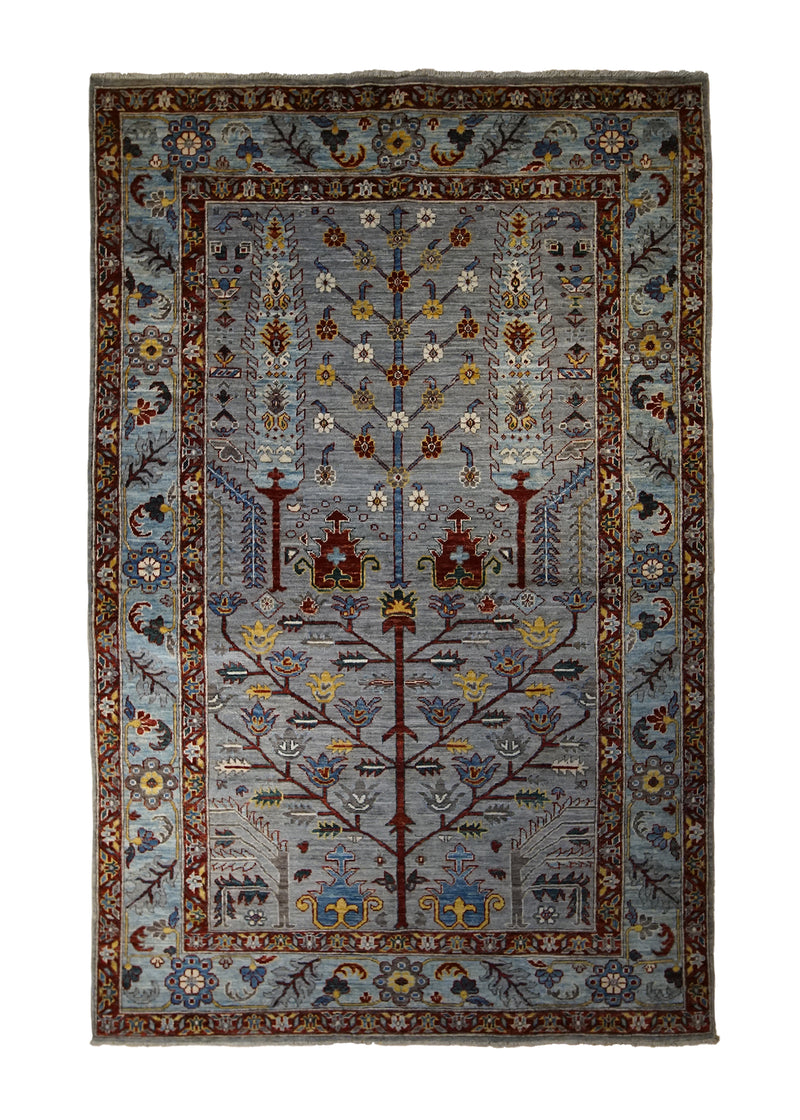 Oriental Rug Pakistani Handmade Area Transitional 5'2"x7'11" (5x8) Gray Blue Red Ariana Tree of Life Bakhshayesh Design #A33207