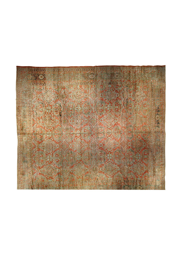 Oriental Rug Turkish Handmade Area Tribal Antique 15'9"x17'10" (16x18) Red Brown Green Oushak Geometric Design #A33223