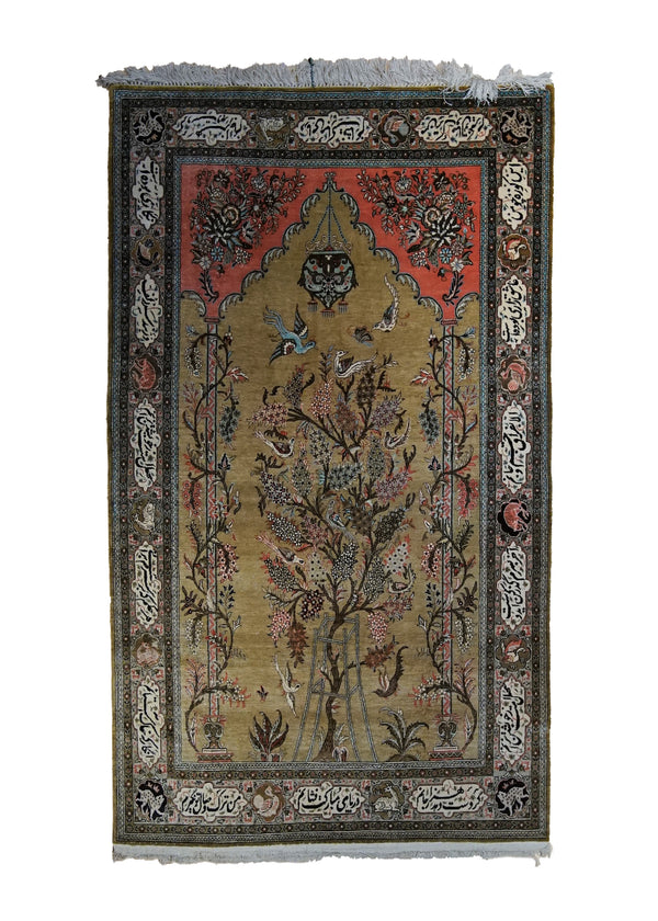 Persian Rug Qum Handmade Area Traditional 3'7"x5'9" (4x6) Yellow/Gold Whites/Beige Tree of Life Design #A33324
