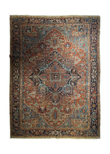 A33336 Persian Rug Heriz Handmade Area Tribal Antique 8'7'' x 11'11'' -9x12- Pink Blue Red Geometric Design
