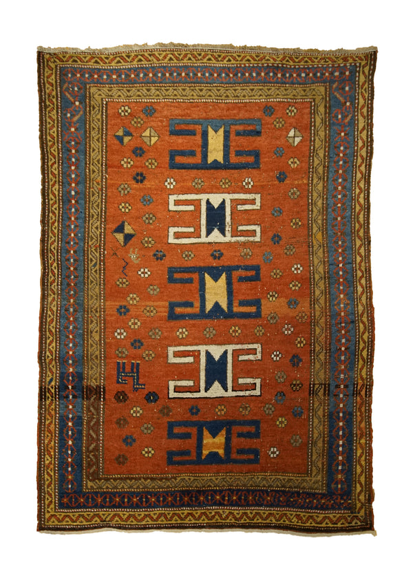 Caucasian Rug Kazak Handmade Area Tribal Antique 4'1"x5'9" (4x6) Red Blue Yellow/Gold Geometric Design #A33339