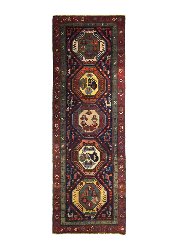 Caucasian Rug Gharabagh Handmade Runner Tribal Antique 3'0"x8'9" (3x9) Blue Red Geometric Design #A33348