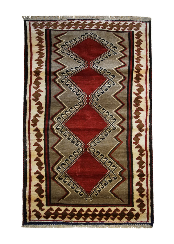 Persian Rug Gabbeh Handmade Area Tribal 3'8"x6'0" (4x6) Whites/Beige Red Geometric Design #A33405