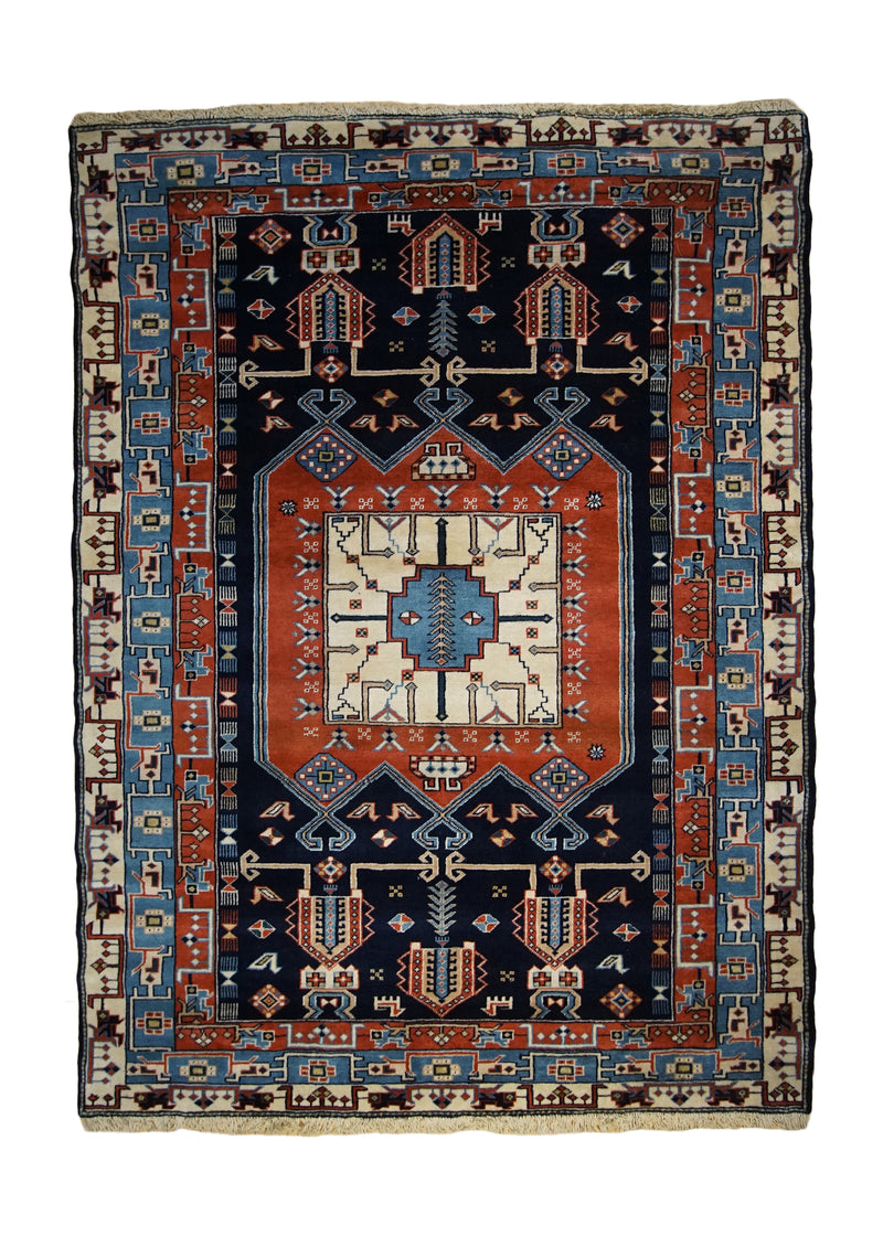Persian Rug Quchan Handmade Area Tribal 4'2"x5'6" (4x6) Red Blue Geometric Design #A33411