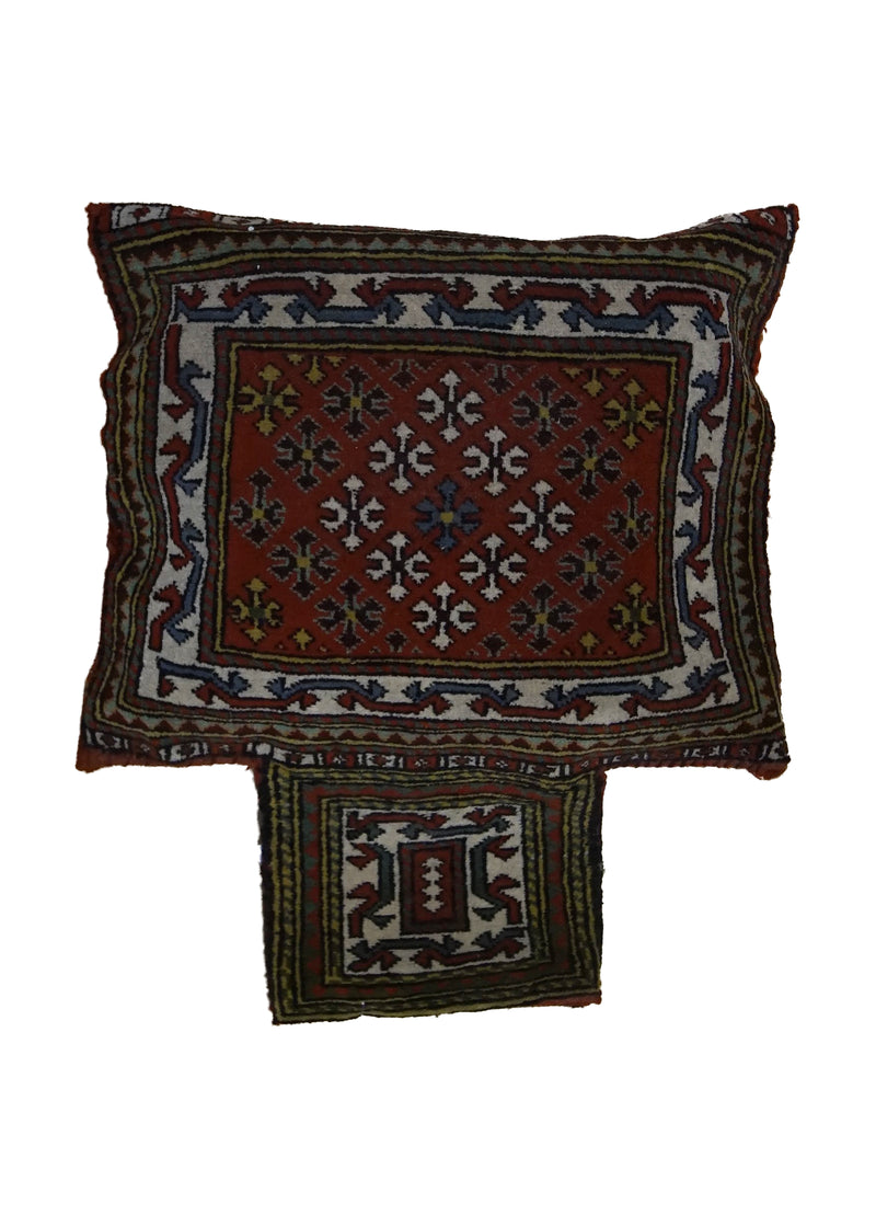 Persian Rug Yalameh Handmade Pillow Tribal 1'2"x1'6" (1x2) Red Geometric Design #A33413