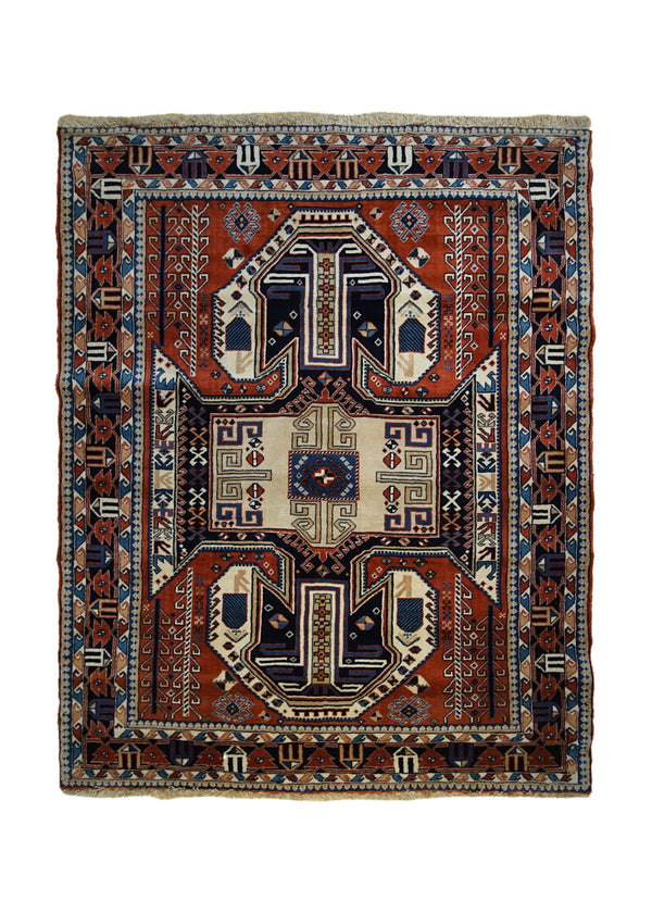 Persian Rug Quchan Handmade Area Tribal 4'4"x5'5" (4x5) Red Blue Geometric Design #A33420