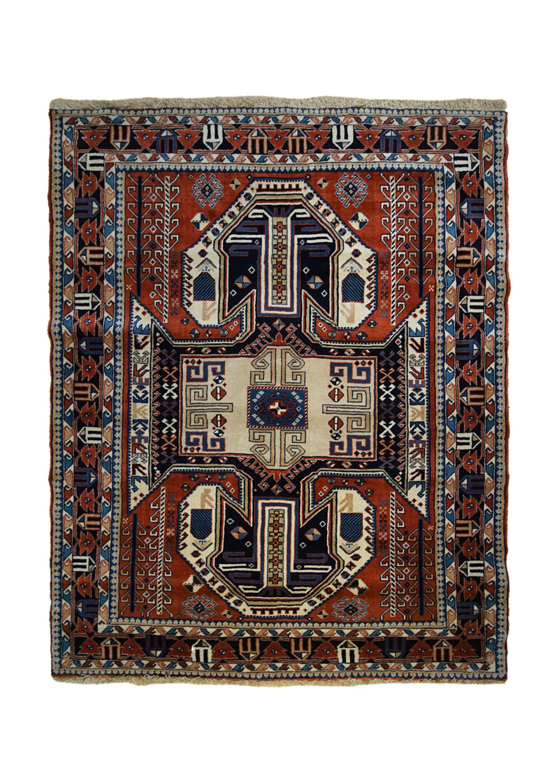 Persian Rug Quchan Handmade Area Tribal 4'4"x5'5" (4x5) Red Blue Geometric Design #A33420