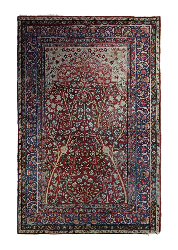 Persian Rug Lavar Kerman Handmade Area Traditional Antique 4'4"x6'10" (4x7) Red Tree of Life Design #A33440
