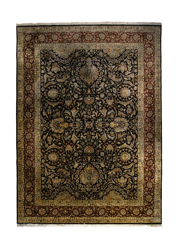 Oriental Rug Indian Handmade Area Transitional 8'10"x12'2" (9x12) Black Red Yellow/Gold Tea Washed Floral Design #A33447