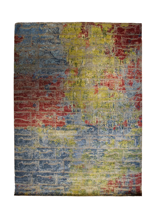 Oriental Rug Pakistani Handmade Area Modern 9'2"x12'5" (9x12) Multi-color Green Blue Faryab Splatter Abstract Design #A33468