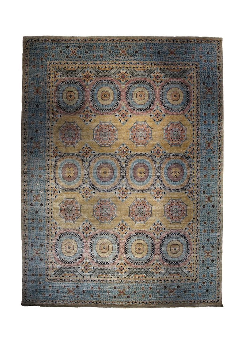 Oriental Rug Pakistani Handmade Area Transitional 12'8"x16'8" (13x17) Yellow/Gold Blue Mamluk Geometric Design #A33472