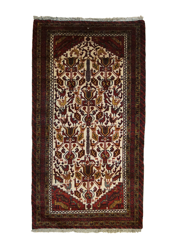 Persian Rug Baloch Handmade Area Tribal 3'2"x6'6" (3x7) Whites/Beige Red Geometric Tree of Life Animals Design #A33511