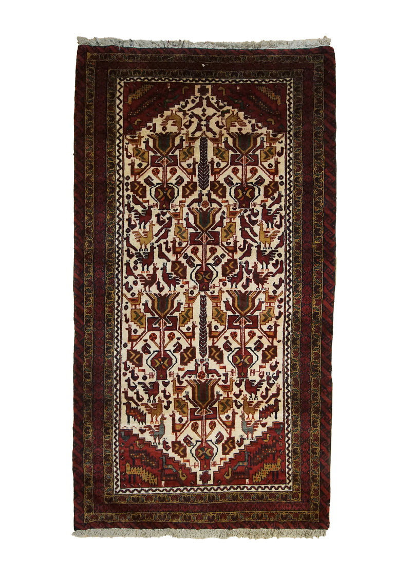 Persian Rug Baloch Handmade Area Tribal 3'2"x6'6" (3x7) Whites/Beige Red Geometric Tree of Life Animals Design #A33511