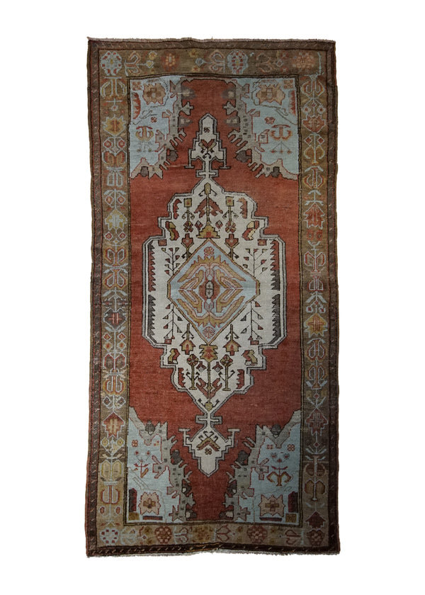 Oriental Rug Turkish Handmade Area Tribal 3'11"x8'2" (4x8) Red Whites/Beige Oushak Geometric Design #A33549