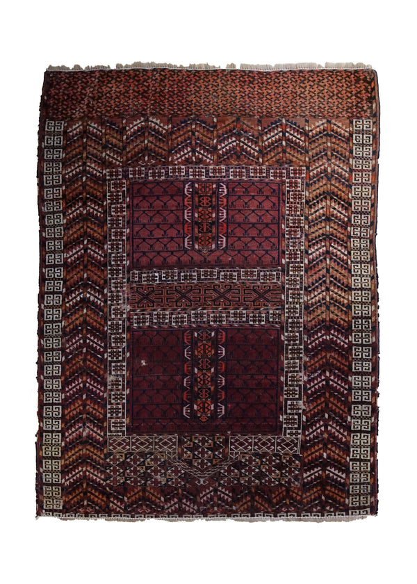 Oriental Rug Turkmen Handmade Area Tribal Antique 3'10"x4'11" (4x5) Red Tekke Geometric Design #A33554