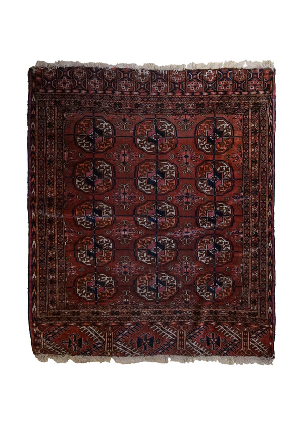 Oriental Rug Turkmen Handmade Area Tribal Antique 3'5"x3'8" (3x4) Red Tekke Geometric Elephant Foot Design #A33555