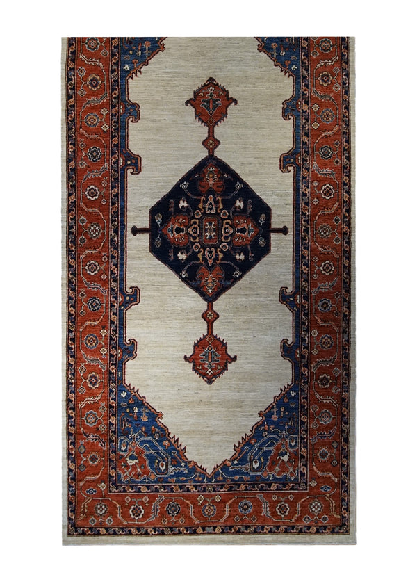 Oriental Rug Pakistani Handmade Area Transitional Tribal 5'1"x10'8" (5x11) Whites/Beige Red Serapi Geometric Design #A33564