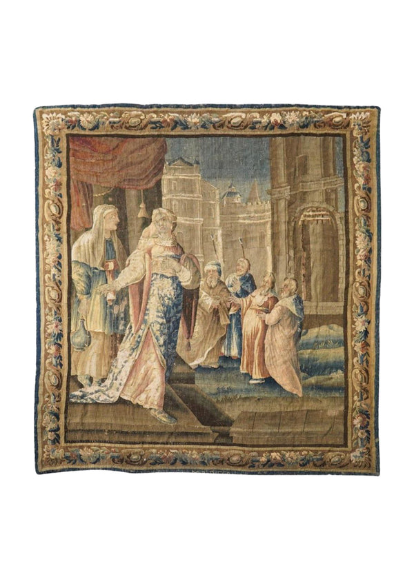 European Rug Handmade Area Traditional Antique 7'10"x9'3" (8x9) Blue Brown Yellow/Gold Tapestry Flemish Pictorial France Design #A33573