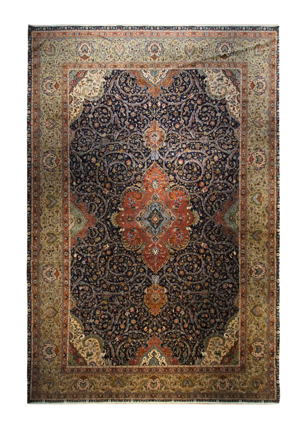 Persian Rug Tabriz Handmade Area Traditional 12'10"x19'3" (13x19) Blue Yellow/Gold Red Naghsh Floral Design #A33598