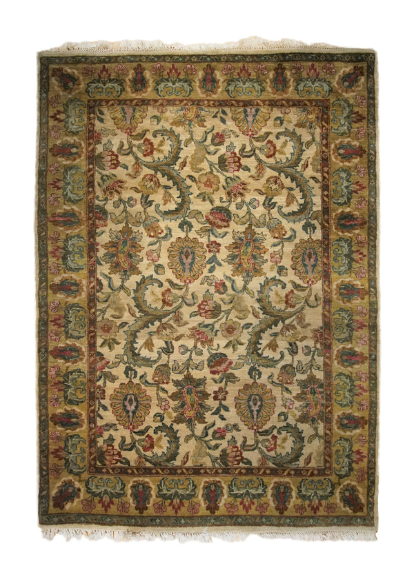 Oriental Rug Indian Handmade Area Transitional 5'0"x6'10" (5x7) Whites/Beige Green Yellow/Gold Tea Washed Floral Design #A33613