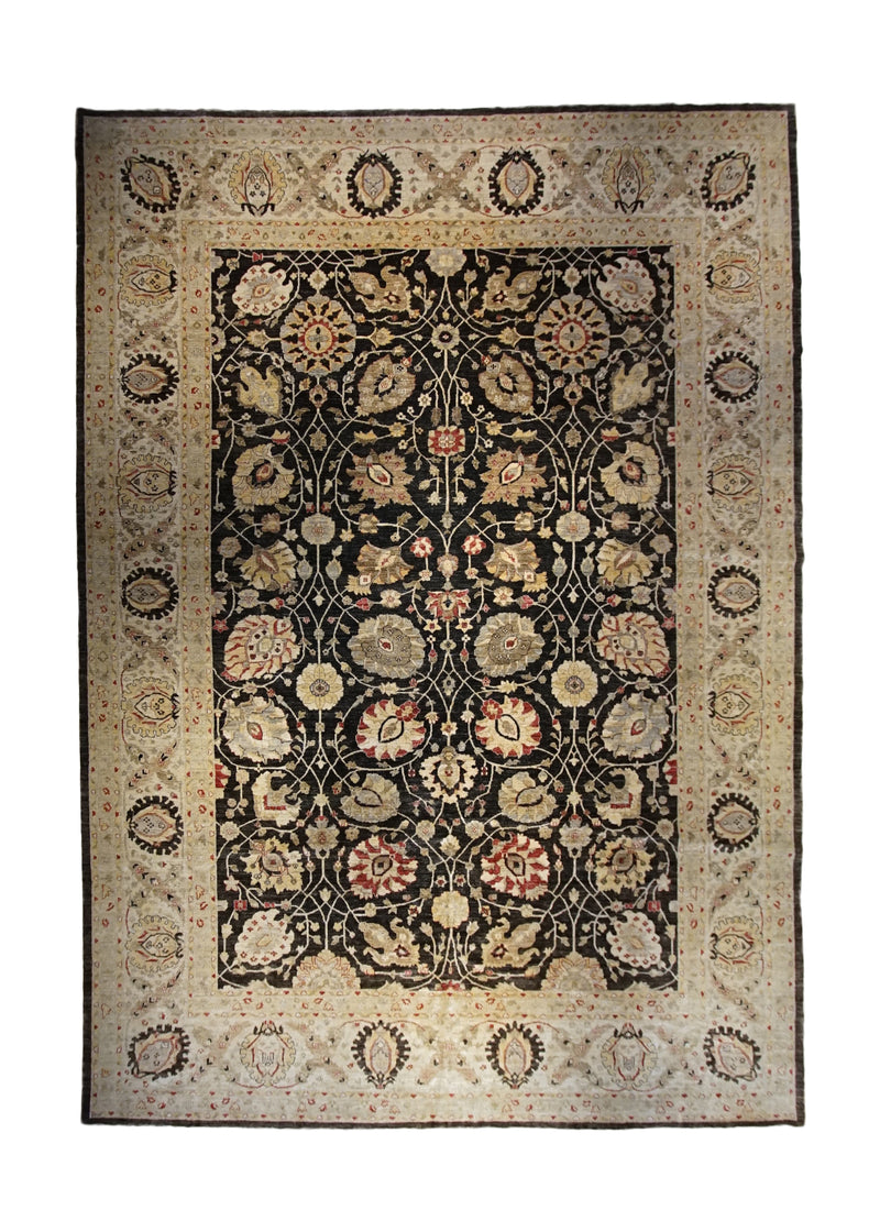 Oriental Rug Pakistani Handmade Area Transitional 13'2"x17'10" (13x18) Black Whites/Beige Yellow/Gold Antique Washed Oushak Floral Design #A33629