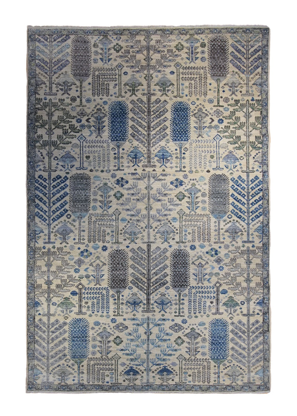 Oriental Rug Pakistani Handmade Area Transitional 6'1"x8'9" (6x9) Whites/Beige Gray Blue Ariana Geometric Bakhshayesh Design #A33632