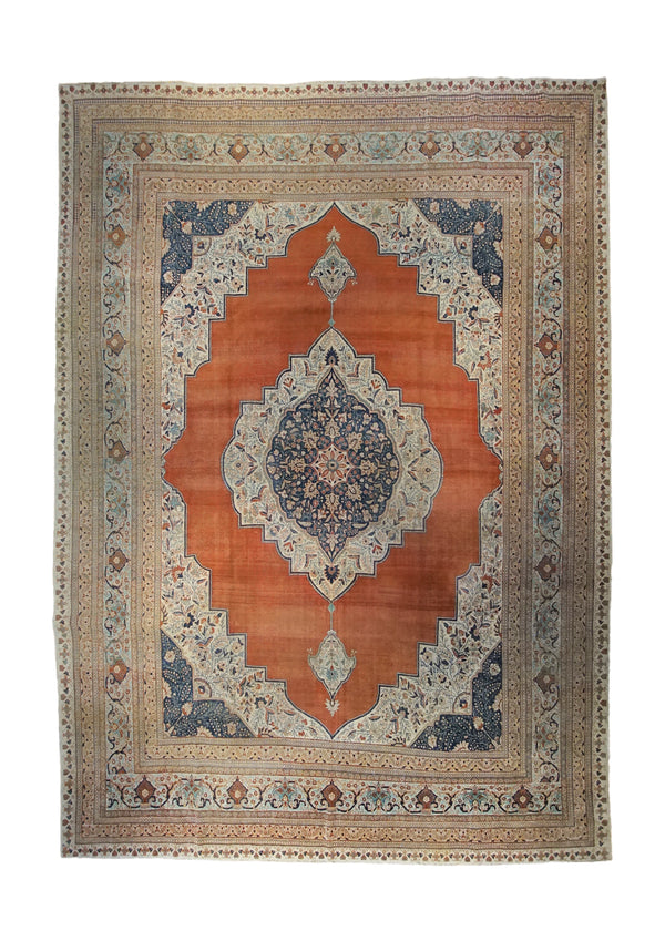 Persian Rug Tabriz Handmade Area Traditional Antique 9'7"x12'9" (10x13) Red Whites/Beige Orange Haji Jalili Open Field Design #A33718