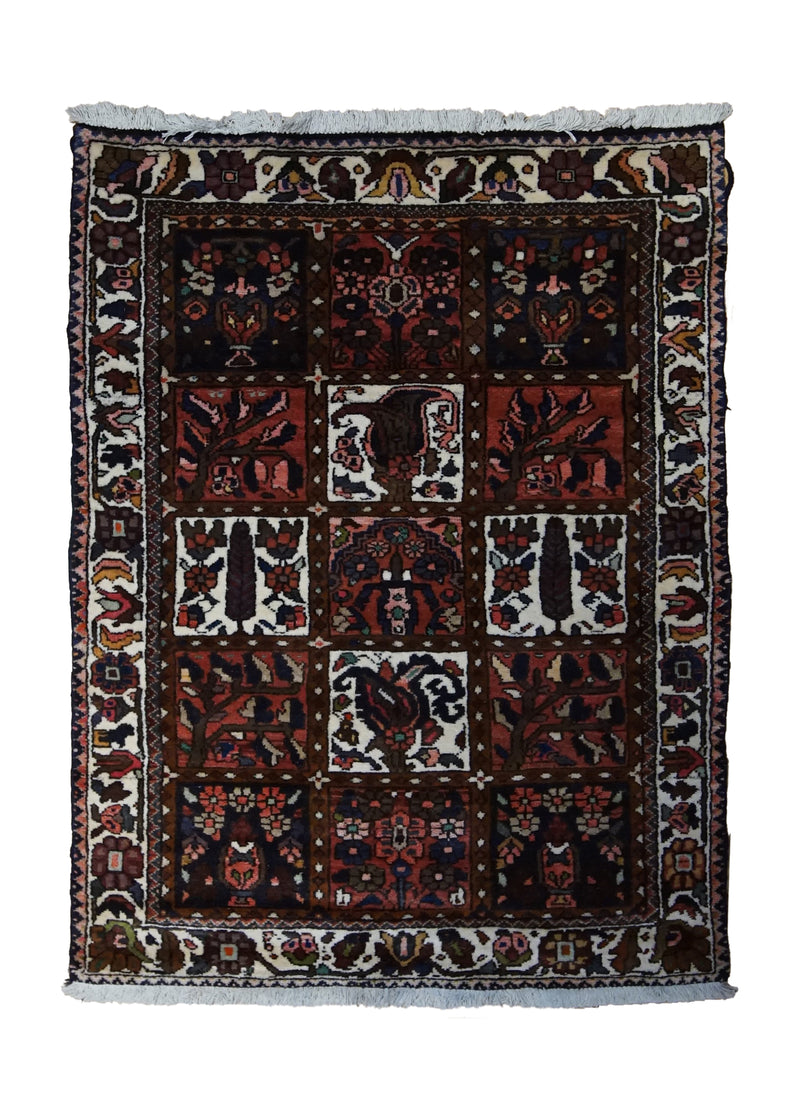 Persian Rug Bakhtiari Handmade Area Tribal 3'5"x4'6" (3x5) Red Whites/Beige Garden Design #A33734