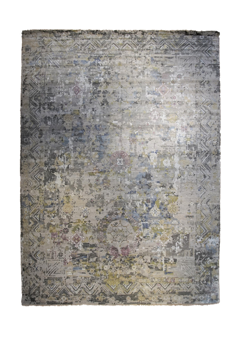 Oriental Rug Indian Handmade Area Transitional 10'1"x13'10" (10x14) Gray Whites/Beige Geometric Erased Abstract Design #A33739
