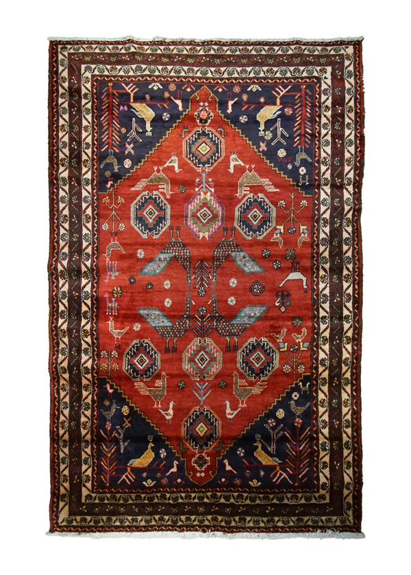 Persian Rug Bakhtiari Handmade Area Tribal 5'0"x8'5" (5x8) Red Blue Pictorial Geometric Animals Design #A33743