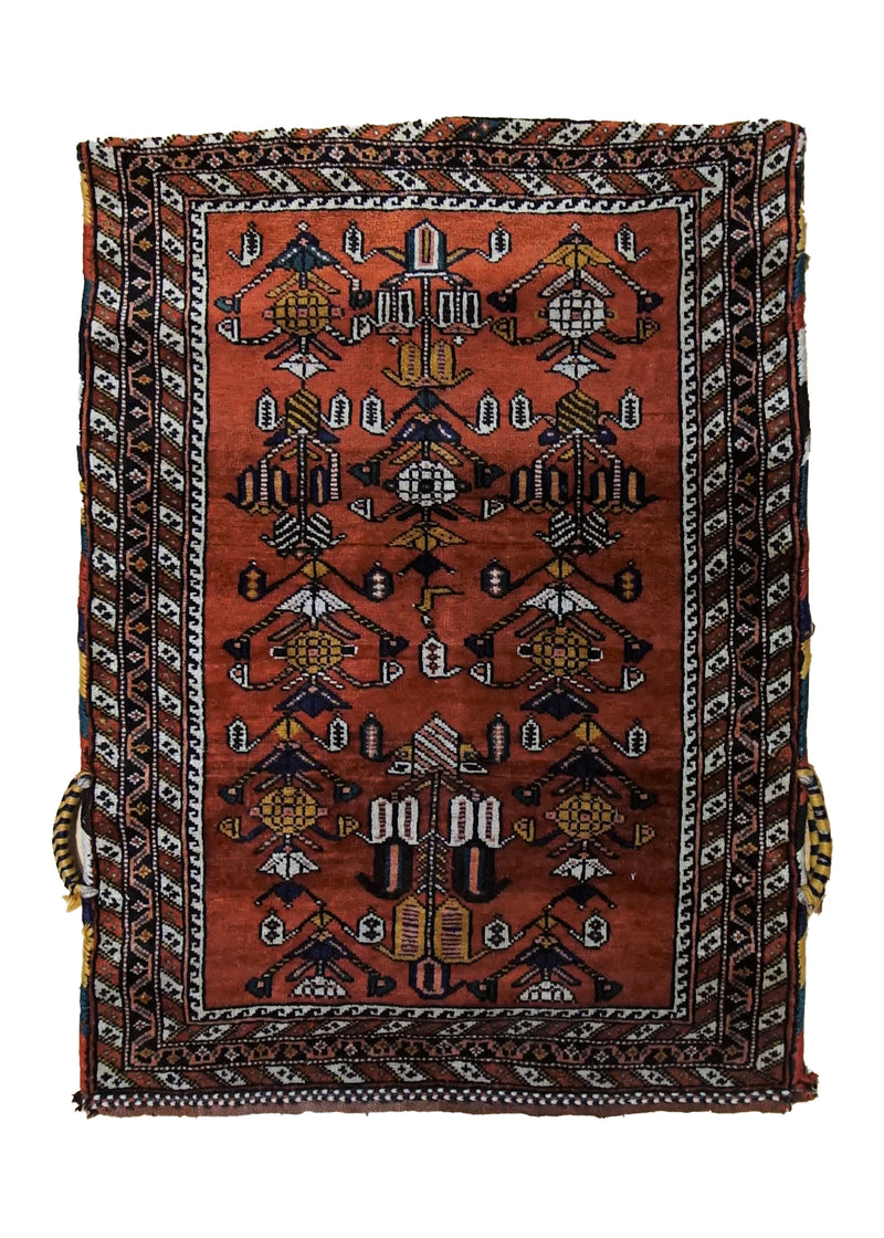 Persian Rug Ghashghaei Handmade Saddle Tribal 2'10"x3'8" (3x4) Red Saddle Bag Geometric Design #A33749