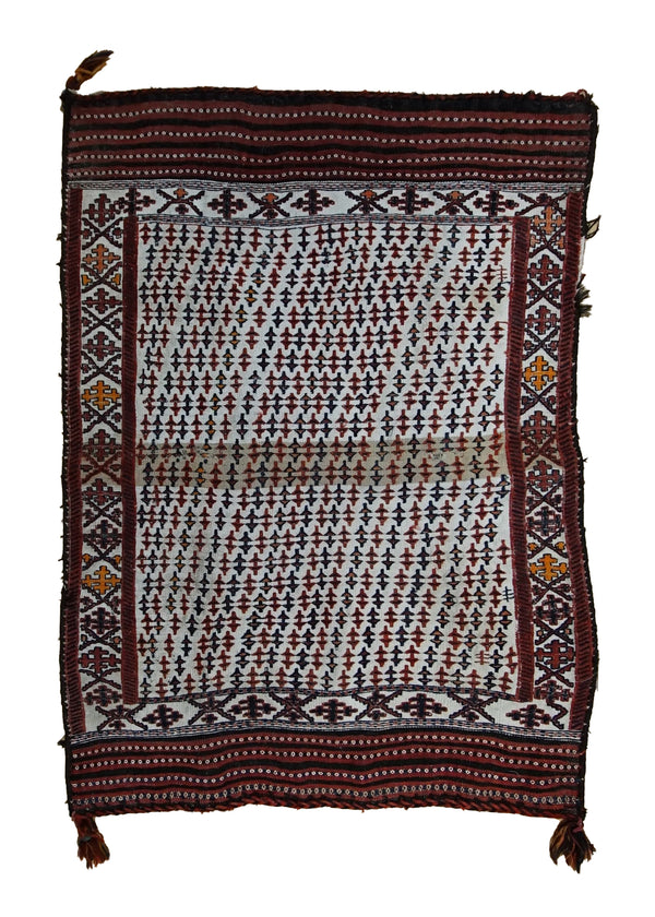 Persian Rug Baloch Handmade Saddle Tribal 3'2"x4'2" (3x4) Whites/Beige Red Saddle Bag Geometric Design #A33754