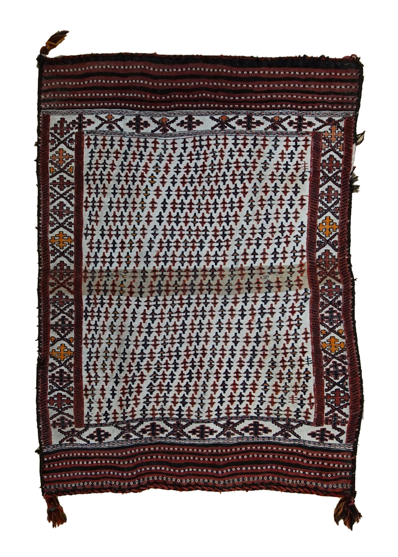 Persian Rug Baloch Handmade Saddle Tribal 3'2"x4'2" (3x4) Whites/Beige Red Saddle Bag Geometric Design #A33754