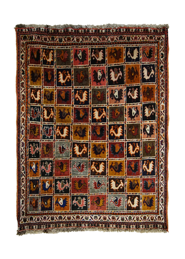 Persian Rug Ghashghaei Handmade Area Tribal 3'8"x4'11" (4x5) Multi-color Yellow/Gold Geometric Animals Design #A33755
