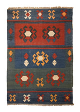 Persian Rug Shiraz Handmade Area Tribal 3'8"x5'7" (4x6) Blue Red Kilim Geometric Design #A33760