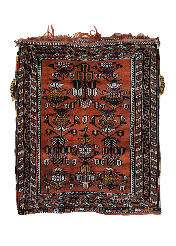 Persian Rug Ghashghaei Handmade Saddle Tribal 2'11"x3'6" (3x4) Red Saddle Bag Geometric Design #A33761