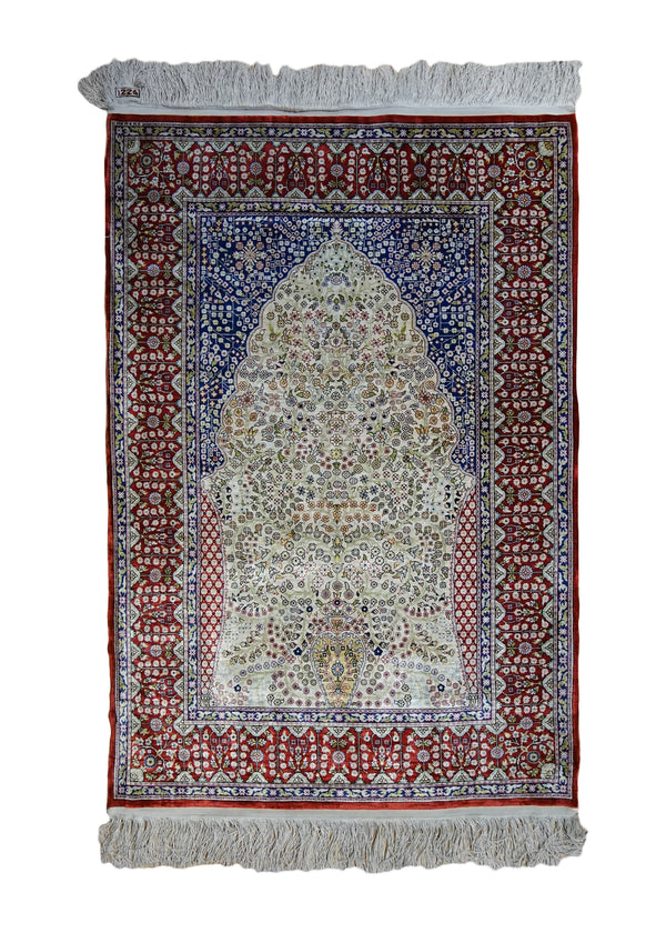 Oriental Rug Turkish Handmade Area Traditional 2'8"x3'11" (3x4) Whites/Beige Red Blue Floral Prayer Rug Design #A33790