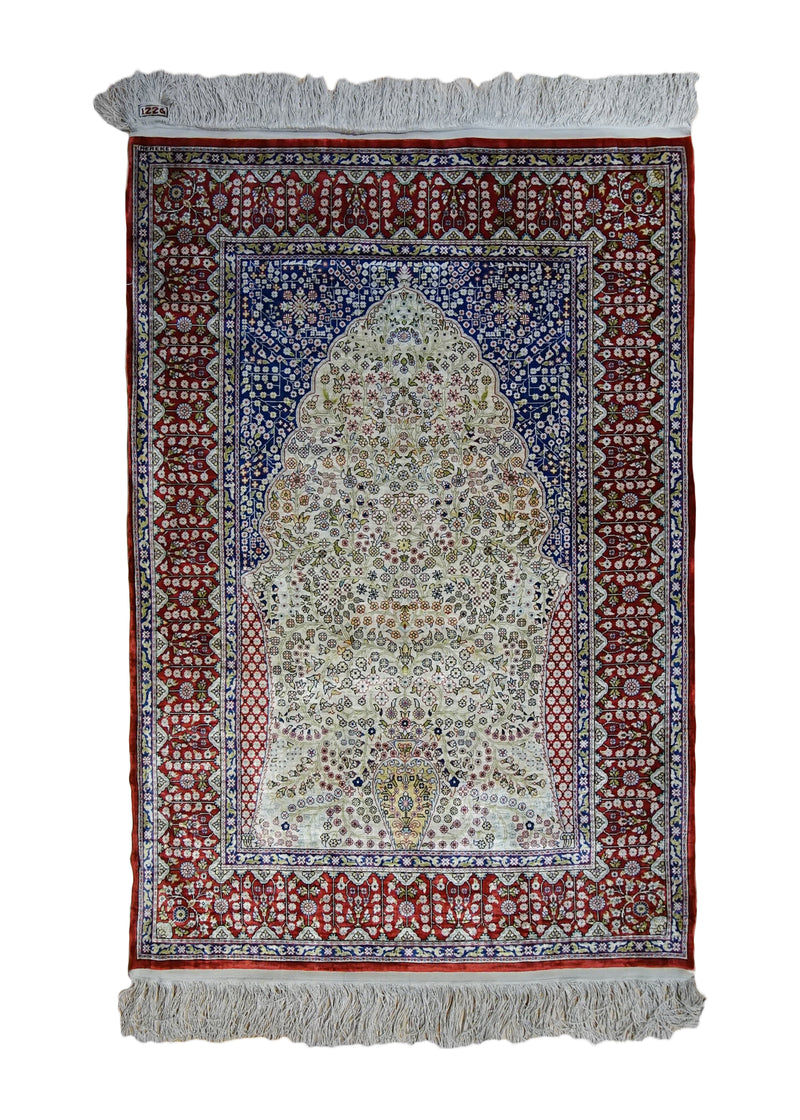 Oriental Rug Turkish Handmade Area Traditional 2'8"x3'11" (3x4) Whites/Beige Red Blue Floral Prayer Rug Design #A33790
