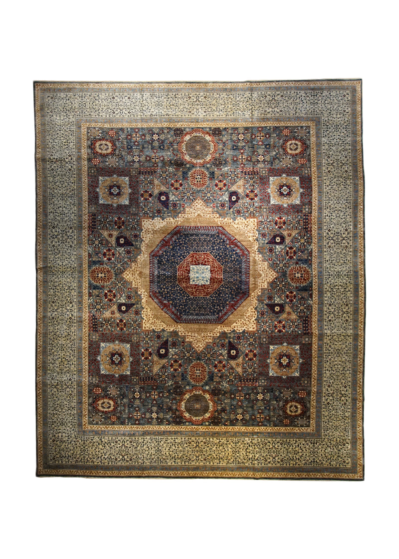 Oriental Rug Pakistani Handmade Area Transitional 11'9"x14'7" (12x15) Yellow/Gold Whites/Beige Gray Mamluk Geometric Design #A33799