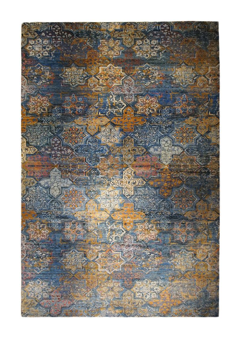 Oriental Rug Pakistani Handmade Area Transitional 12'10"x19'2" (13x19) Blue Yellow/Gold Erased Geometric Abstract Design #A33815