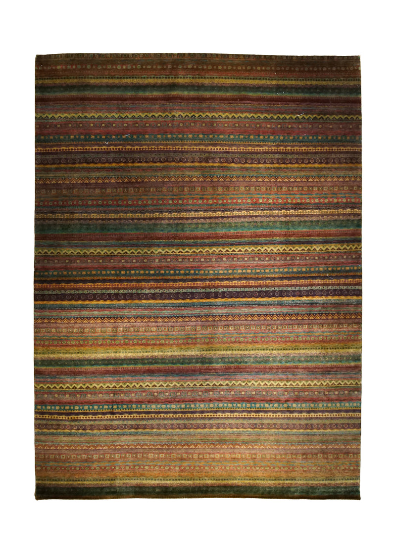 Oriental Rug Pakistani Handmade Area Transitional 9'10"x13'7" (10x14) Multi-color Green Gabbeh Stripes Design #A33832