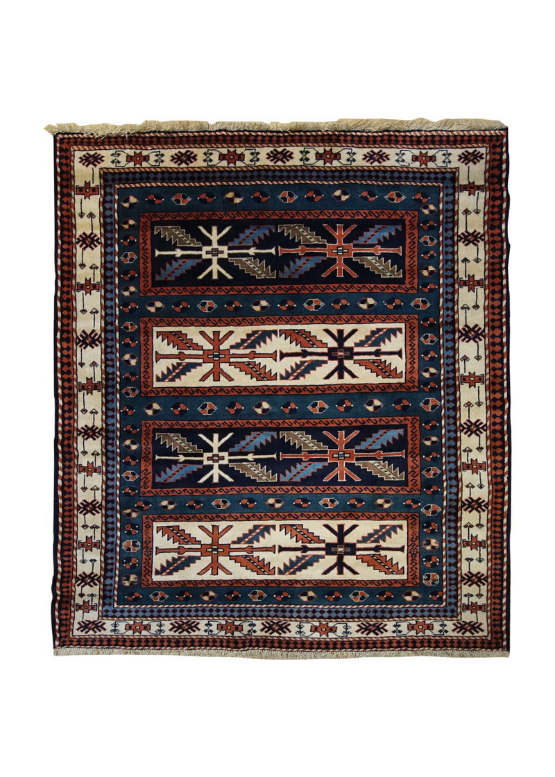 Persian Rug Yalameh Handmade Square Tribal 4'6"x5'0" (5x5) Blue Whites/Beige Orange Geometric Design #A33932