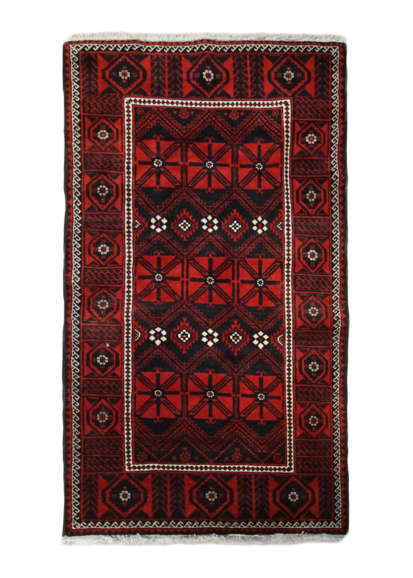 Persian Rug Baloch Handmade Area Tribal 4'2"x7'6" (4x8) Black Red Geometric Design #A33933