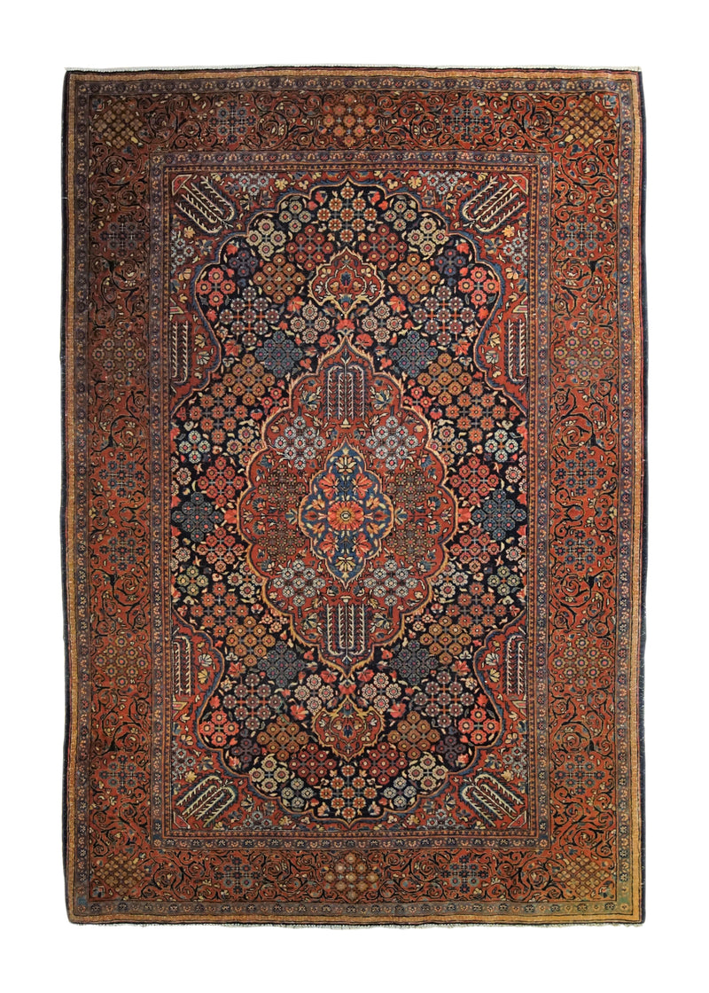 Persian Rug Kashan Handmade Area Traditional Antique 4'3"x6'8" (4x7) Blue Red Whites/Beige Floral Design #A34082